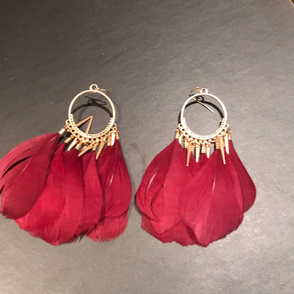 Burgundy feather earrings
